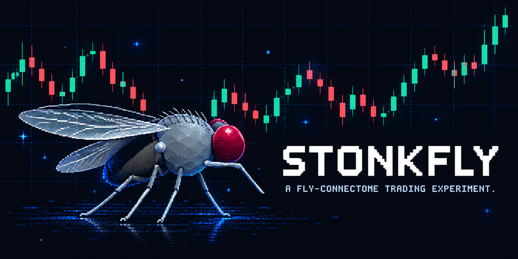 Pixel-art fly beside a green candlestick chart
